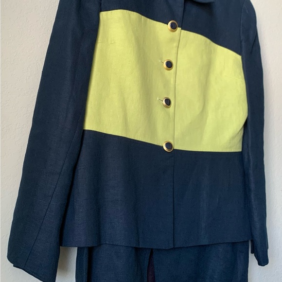 Gently Used Two Piece Career Shirt Suit-Lime/ Navy Blue Jacket Navy Blue Shirt - Picture 4 of 16